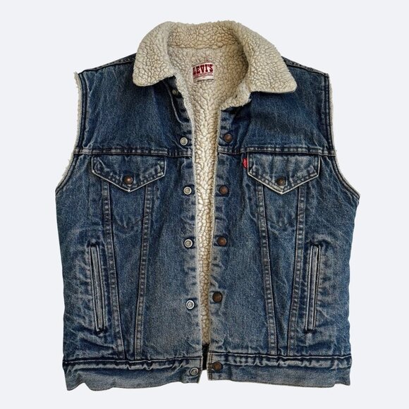 Vtg Levi's Jean Vest Sherpa Denim Faux Shearling Trucker Size M 1980s - Picture 1 of 10